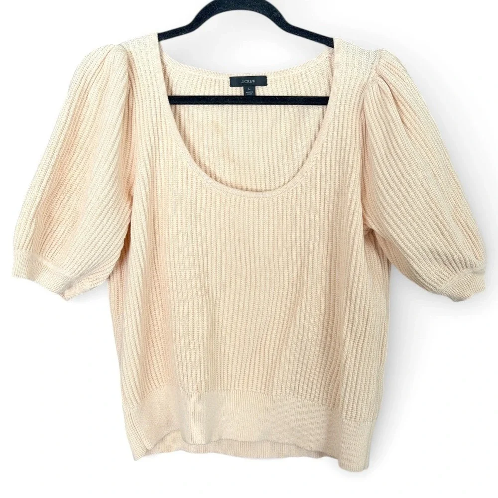 J.Crew Puff Sleeve Sweater Womens Peach Excellent Ribbed Cotton Cashmere L